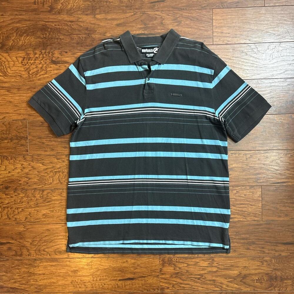 2000s Ecko Unltd. Striped Short Sleeve Y2K Black And Blue Polo Shirt Size 2XL